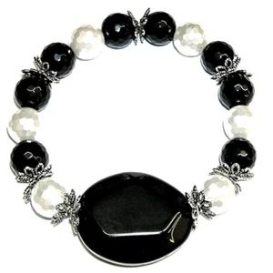 Bracelet Onyx Et Perles Coquillage Facettes 10mm, Argent Tibet, Preciosa. - Picture 1 of 2