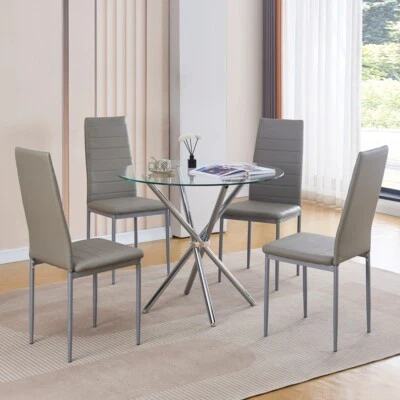4x Grey Faux Leather Dining Chairs&Round Tempered Glass Silver Legs Dining Table - Image 1 of 4