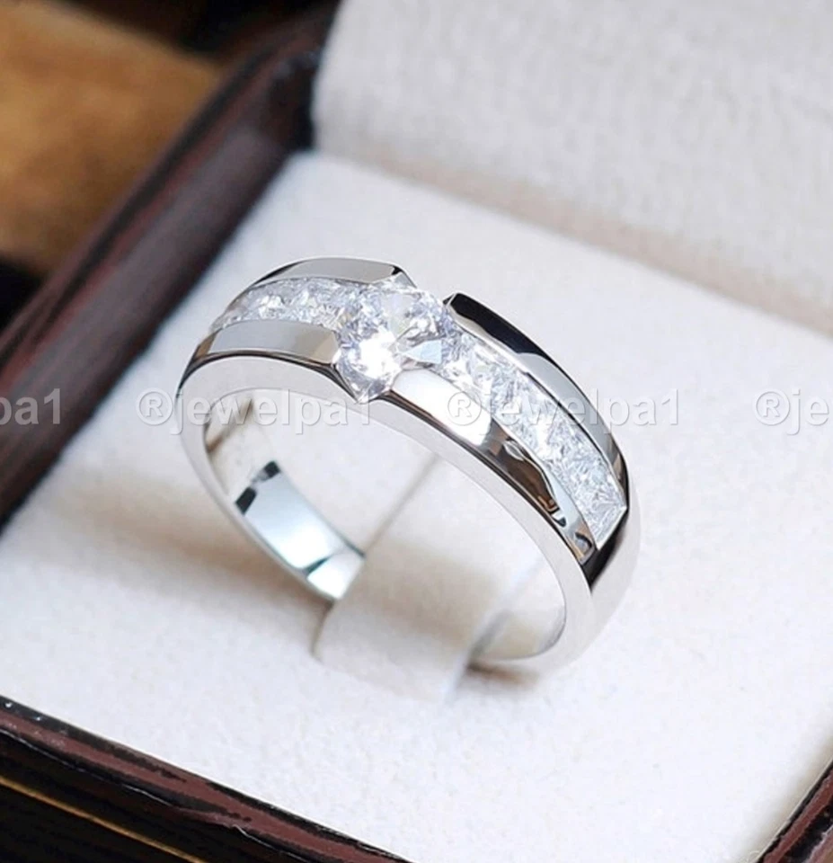 Anillo de boda moissanita para hombre de oro blanco sólido de 14 quilates excelente corte redondo 1,40 quilates Foto 1 de 4