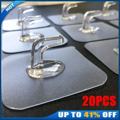20X Hooks Self Adhesive Strong Sticky Heavy Duty Wall Seamless Transparent Hook - Image 1 of 4