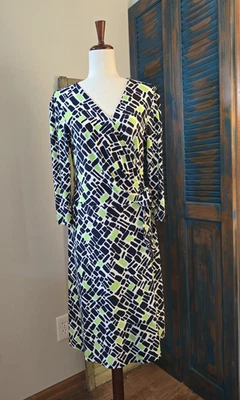 Chaps Ralph Lauren Jersey Faux Wrap Midi Dress Women L Blue Green Geo Stretch - Image 1 of 4