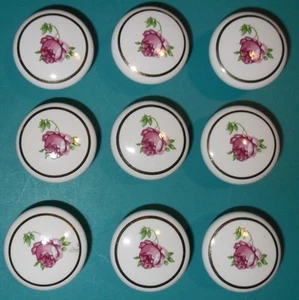 ROSA CAJÓN REDONDO ARMARIO TIRADORES PERILLAS 9 CERÁMICA ORO BLANCO ROSA ROSA CALCOMANÍA USADA - Imagen 1 de 8