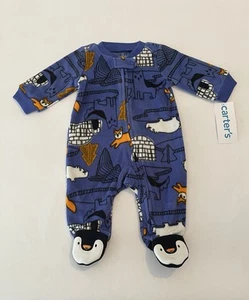 Carters Recién Nacido Bebé Niño Dormir N Jugar Cremallera Polar Pijama Pingüino Nuevo - Imagen 1 de 2