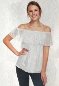 GIGI MODA OFF THE SHOULDER RUFFLE WHITE SILK TOP  JERSEY LINING  O/S - Picture 1 of 1