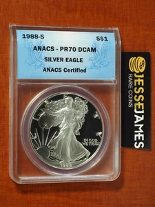 1988 S PROOF SILVER EAGLE ANACS PR70 DCAM BLUE LABEL - Picture 1 of 2