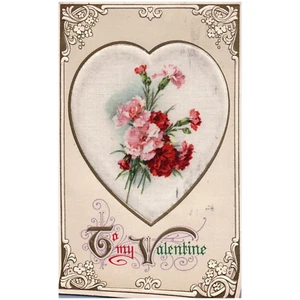 Tarjeta postal de San Valentín Winsch To My Valentine corazón de seda con flores vintage - Imagen 1 de 2