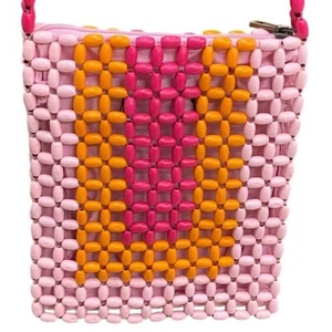 Lulu Beaded Crossbody Bag, Purse, Pink Orange, wooden Handmade - Picture 1 of 8