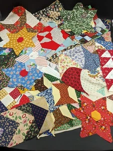 Vintage Lot of 60 Hand Sewn Quilt Squares Feedsack and Anitque Fabric Piecework - Picture 1 of 12
