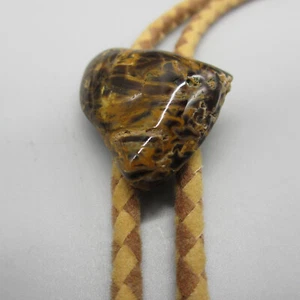 Vtg Bolo Tie Brown Black Gemstone Possibly Mahogany Obsidian Beige Fabric Cord - Picture 1 of 8