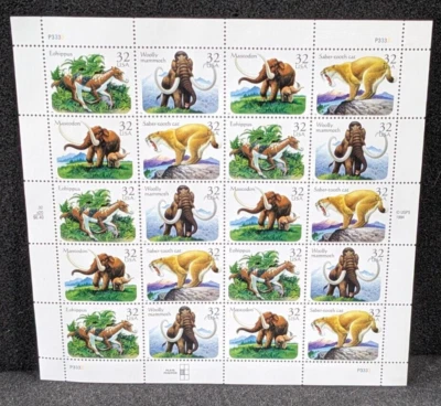 NEW U.S. Sc #3077-80 1996 32¢ PREHISTORIC ANIMALS stamps sheet/pane of 20 - Image 1 of 2