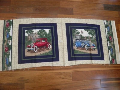  FABRIC with ANTIQUE AUTOMOBILES CARS 2 squares New QUILT PILLOWS CRANSTON 90S - Image 1 of 4