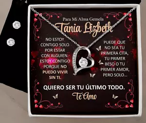 Regalo Personalizado Para Mi Alma Gemela Collar + Aretes Set Dia De San Valentin - Picture 1 of 21