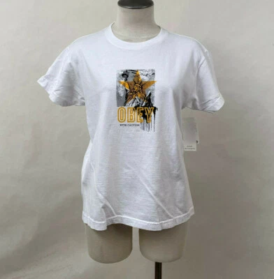 Obey Women's Box T-Shirt Obey with Caution White Size S NWT Shepard Fairey - Image 1 of 2