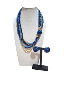 Vintage Japan mehrere Strang blaue kleine Perlen goldfarben Kette Halskette & Ohrring Set 19"  - Bild 1 von 9