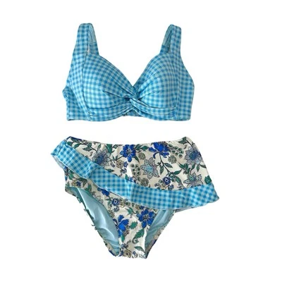 Lands' End 女式 4 DDD 蓝色格子花卉 2 件套荷叶边比基尼泳装 — 第 1/4 张图片