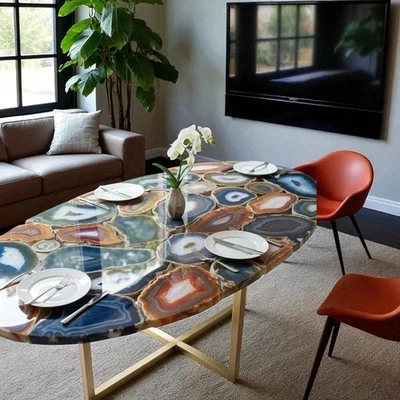 Mixed Agate Oval Coffee Table – Luxury Handmade Gemstone Living Room Furniture - Image 1 of 4