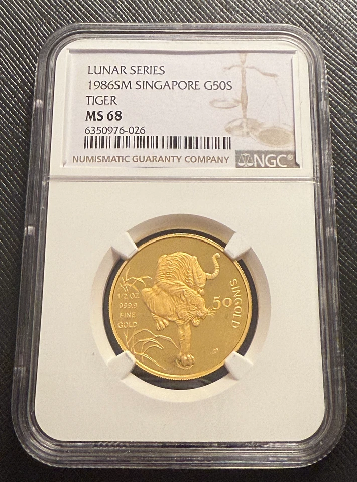 Singapore 1986 Gold 1/2 oz 50 Singold NGC MS68 Lunar Series - Tiger - Image 1 of 2
