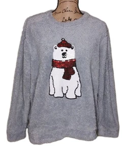 Bonnie Evans - graue pelzige Fleece Pailletten Santa Eisbär Tunika - Damen Gr. L - Bild 1 von 3