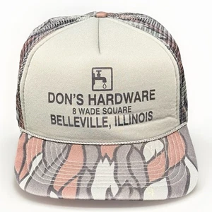 Cappello camionista mimetico vintage Dons Hardware Belleville Illinois abbigliamento da lavoro anni 90 vintage - Foto 1 di 4