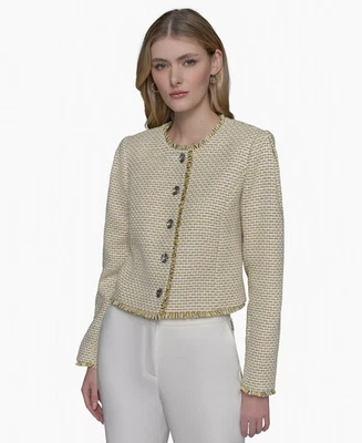 KARL LAGERFELD PARIS Tweed Collarless Jacket Women's 0 Freesia Yellow Buttoned - Image 1 of 4