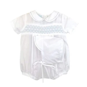 NWT Petit Ami White Blue Smocked Romper Newborn Hat Baby Boys Bubble Size 0 - Picture 1 of 2