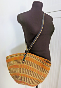 Vintage African Earth Tone Brown Sisal Jute Basket Weave Tote Bucket Bag 80s 90s