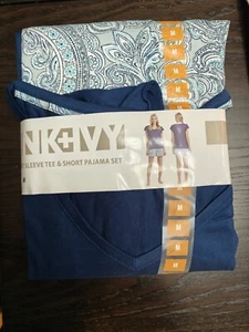 Ink and Ivy Short & Tee Navy Blue Pajama Set Size Medium 8-10 Paisley NWT  - Picture 1 of 5