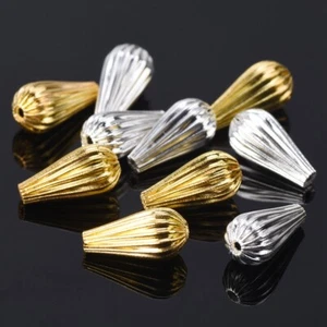20pcs 14x7mm Gold/Silver Plated Plicated Teardrop Brass Metal Loose Crafts Beads - Picture 1 of 7
