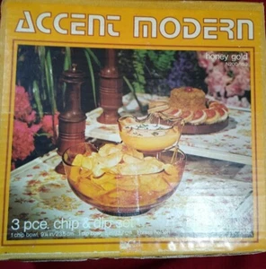 Vintage ANCHOR HOCKING accento moderno miele oro vetro ambrato chip & dip ciotola set nuovo con scatola - Foto 1 di 5