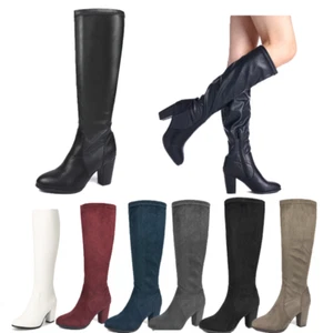 Womens Chunky Block Heel Zip Up Faux Fur Lining Stretch Knee High Boots - Picture 1 of 37
