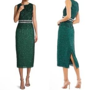 Mac Duggal Sequin Beaded Midi Sheath Cocktail Dress Deep Emerald Green Size 6  - Picture 1 of 8