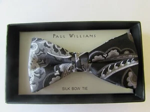 READY TIED SILK BOW TIE GREY & BLACK FLORAL PAISLEY - Picture 1 of 1
