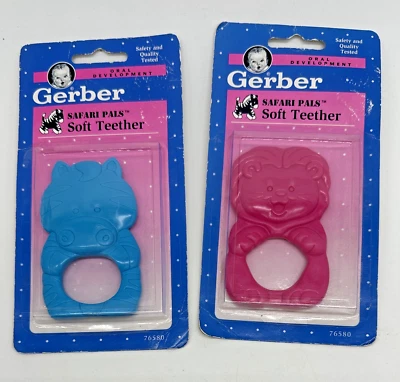 2 - 1994 Gerber Safari Pals Soft Vinyl Teethers Blue Zebra Pink Lion New Vintage - Image 1 of 4