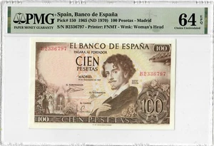 Spain 100 pesetas 1965 (ND 1970), PMG 64 EPQ, "Banco de España" Pick# 150 - Picture 1 of 2
