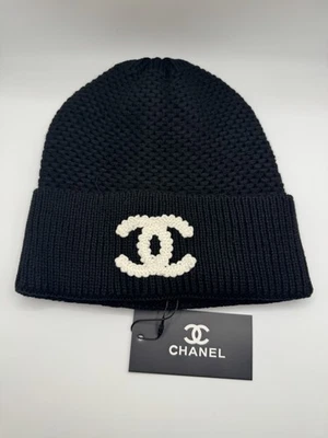 Black Chanel Women’s Wool Knit Beanie With Tags Black With White CC - Image 1 of 2