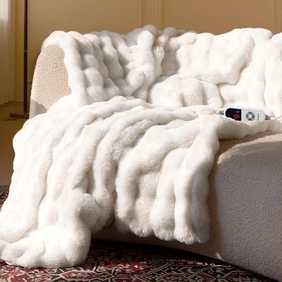 Faux Rabbit Fur Electric Heated Throw Blanket 10 Heat Settings Washable Fleece - Image 1 of 4