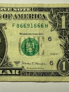 Five Of A Kind 6s 3 In A Row 6s Dollar Bill Fancy Serial Number $1 District 6 - Picture 1 of 10