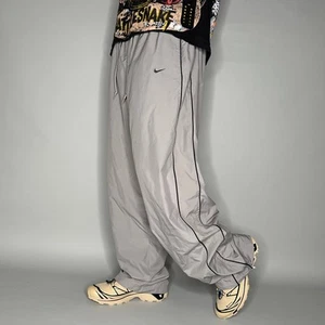 Vintage Nike Track Pants 2XL Grey Polyester Sweatpants Black Baggy Wide Leg Y2K - Picture 1 of 4