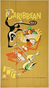 Original Vintage Poster CARIBBEAN BRITISH WEST INDIES Airline Travel LINEN - Picture 1 of 5