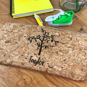 Personalised Cork Pencil Case Any Name Tree Make Up Bag Eco-Friendly Cosmetic - Picture 1 of 7