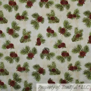 BonEful FABRIC FQ Cotton Quilt Tan Brown Green Holiday Xmas Tree Pine Cone Cabin - Picture 1 of 15