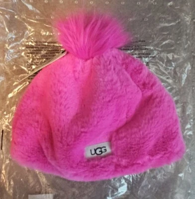 UGG KIDS FAUX FUR BEANIE WITH POM POM, PINK, NWT $65 - Image 1 of 4