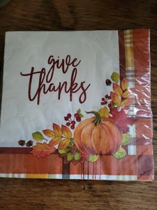 20 Papier Dinner Servietten "Give Thanks" Kürbis Herbst Blätter 2-lagig Basteln Decoupage - Bild 1 von 2