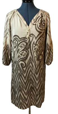 TIBI Beige Marrón Seda Paisley Chevron Cuello en V Túnica Vestido Cambio Boho Caprichoso 4 Foto 1 de 4
