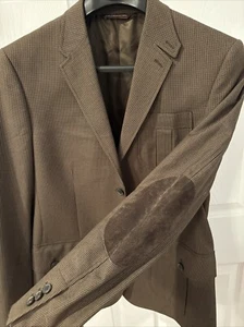 PERRY ELLIS Mens Sz 40 Sport Coat Blazer Brown Houndstooth Elbow Patches Notch - Picture 1 of 10