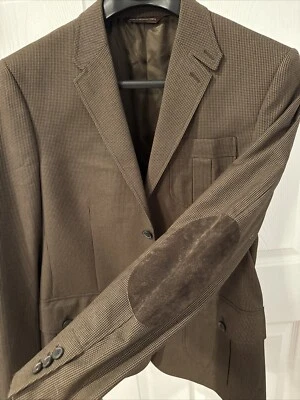 PERRY ELLIS Mens Sz 40 Sport Coat Blazer Brown Houndstooth Elbow Patches Notch - Image 1 of 4