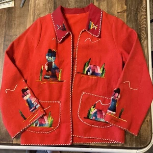 Vtg 1940s-50s Mexican Wool Souvenir Jacket Red Size Small Hand Stitched Rare - Picture 1 of 14