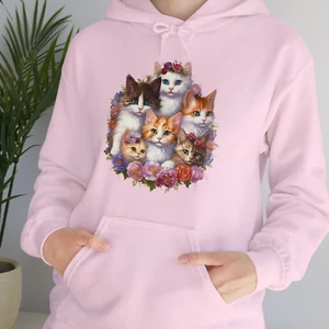 Hoodie with Kittens, Art Design, Handmade, for Animal Lovers, 100% Cotton,Gildan - Picture 1 of 6