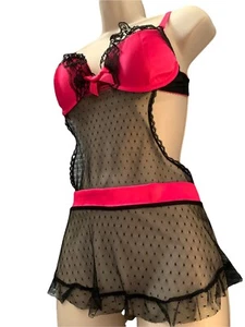 APT 9 Intimates Hot Pink Black Satin Lace Apron Lingerie Sz M Ruffles Valentines - Picture 1 of 10