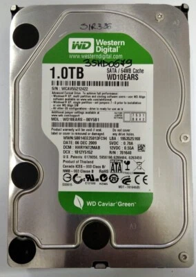 Hard Disk Usato SATA 3,5" 1000GB WD WD10EARS-00Y5B1 HHRYNT2MAB 80.00A80 06 DEC 2 - Immagine 1 di 4